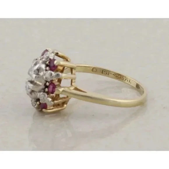 14k Yellow Gold & White Gold Natural Diamond and Ruby Ring Size 5 - Picture 8 of 9